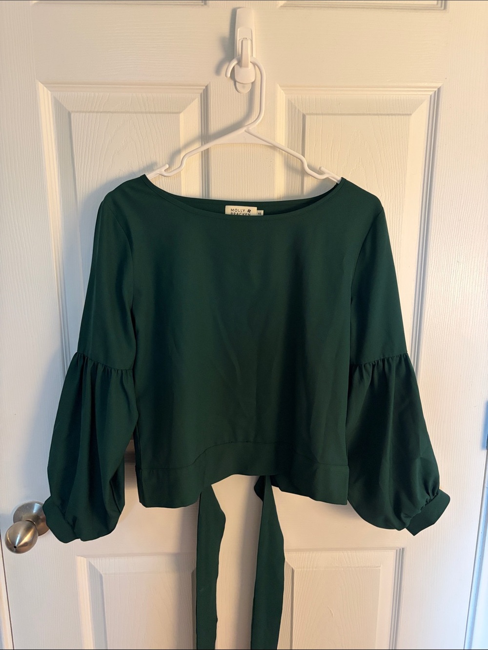 Molly Bracken Deep Green Balloon Sleeve Tie-Back Blouse